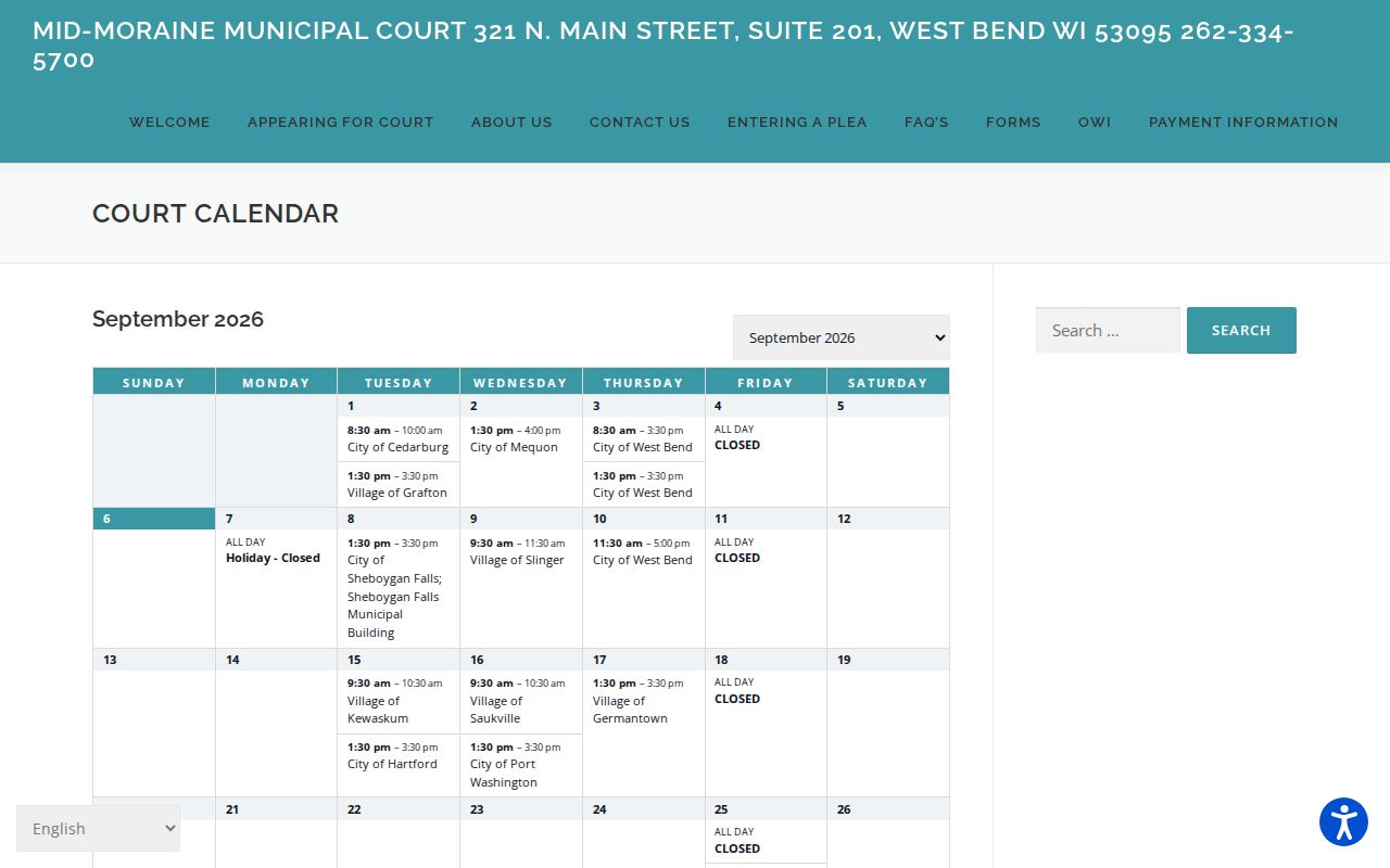 Ozaukee County court dates on Mid-Moraine shared calendar