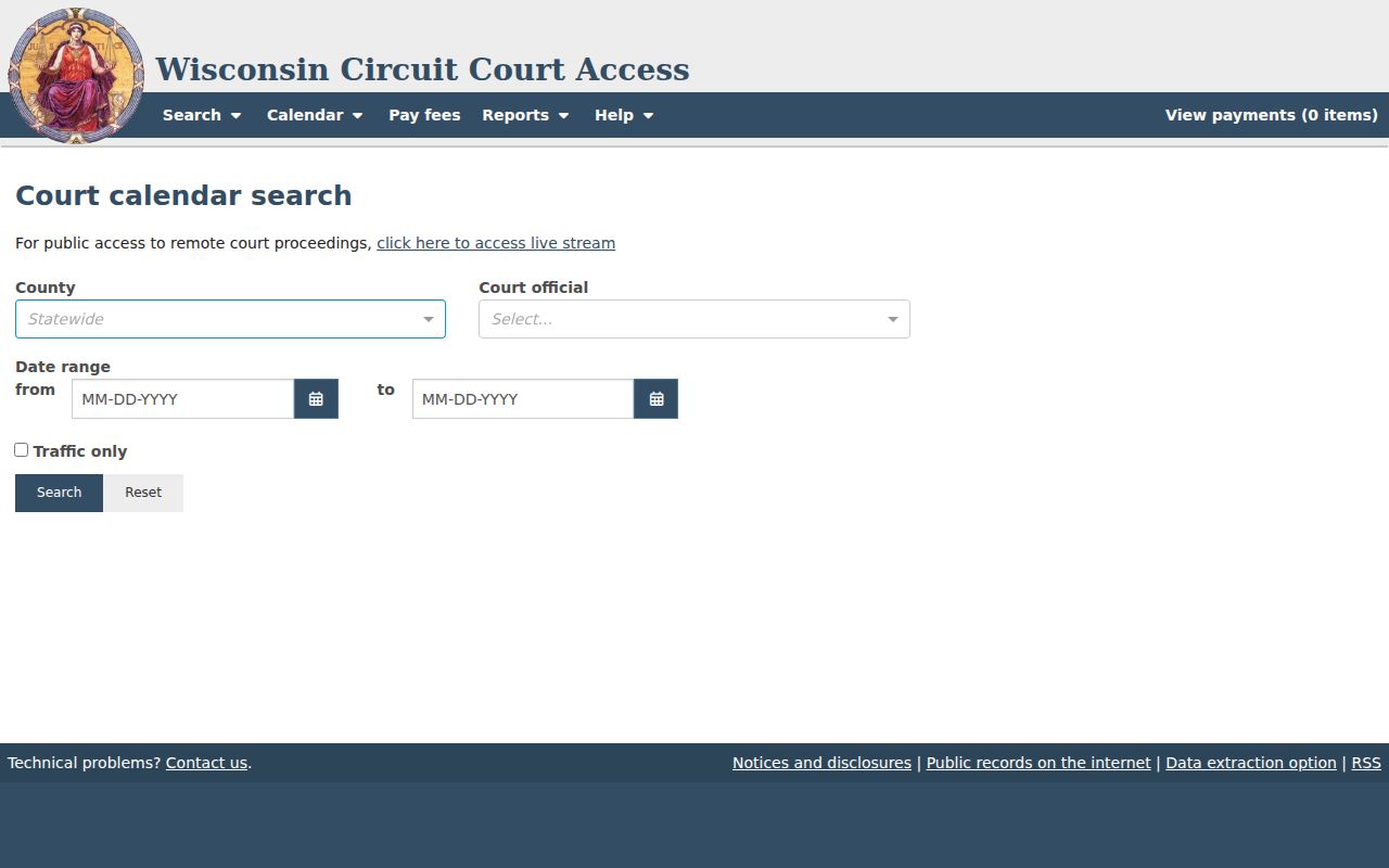 Official weekly calendar frame for Ozaukee County Circuit Court settings